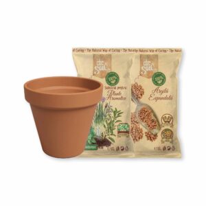 Pachet pentru ingrijirea plantelor aromatice cu substrat natural pentru plante aromatice, argila expandata si ghiveci de teracota cu diametrul de 15cm