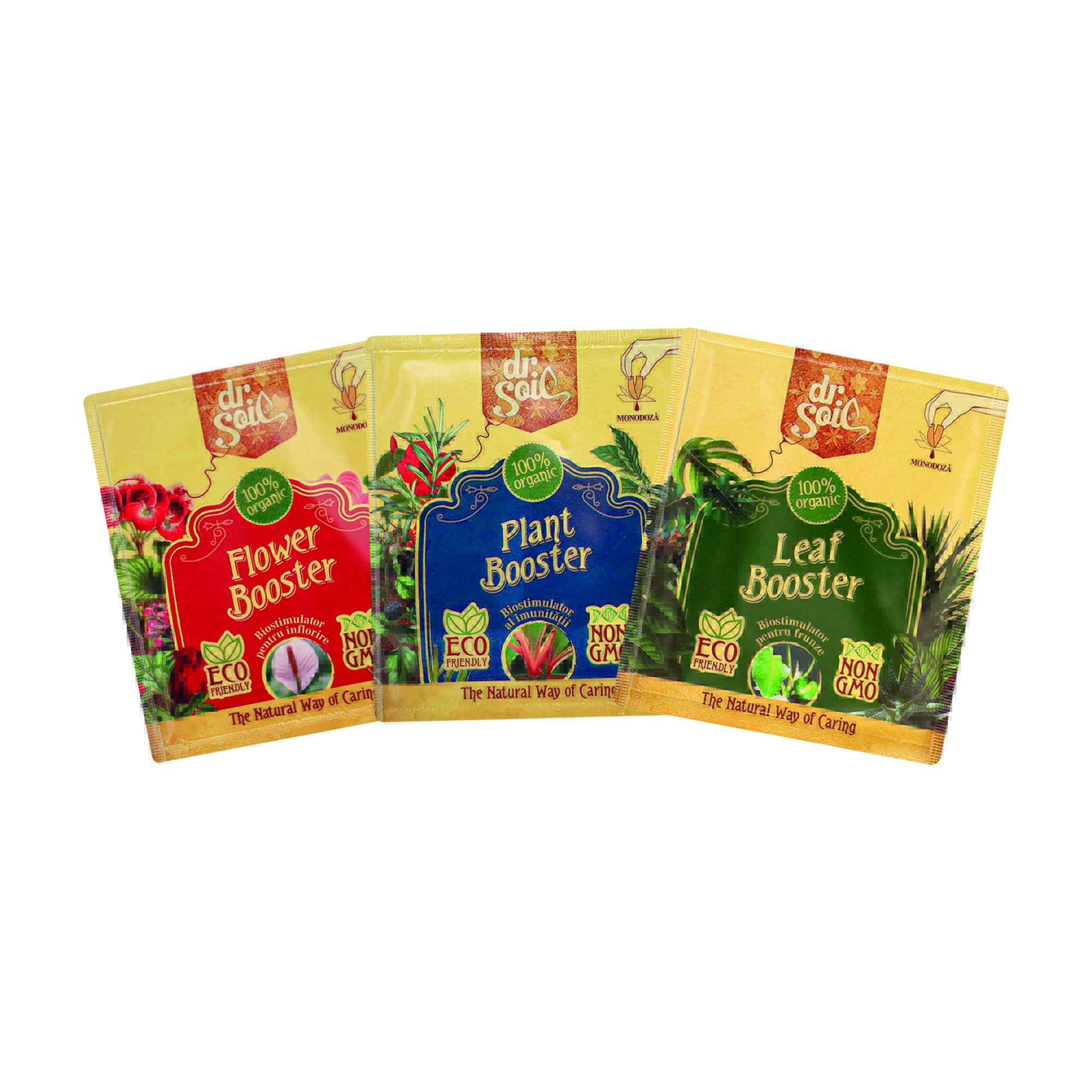 Pachet Dr.Soil pentru sanatatea plantelor de balcon cu monodoze concentrate de Leaf Booster 10ml (biostimulator pentru regenerarea frunzelor), Flower Booster 10ml (biostimulator pentru inflorire) si Plant Booster 10ml (biostimulator pentru intarirea imun