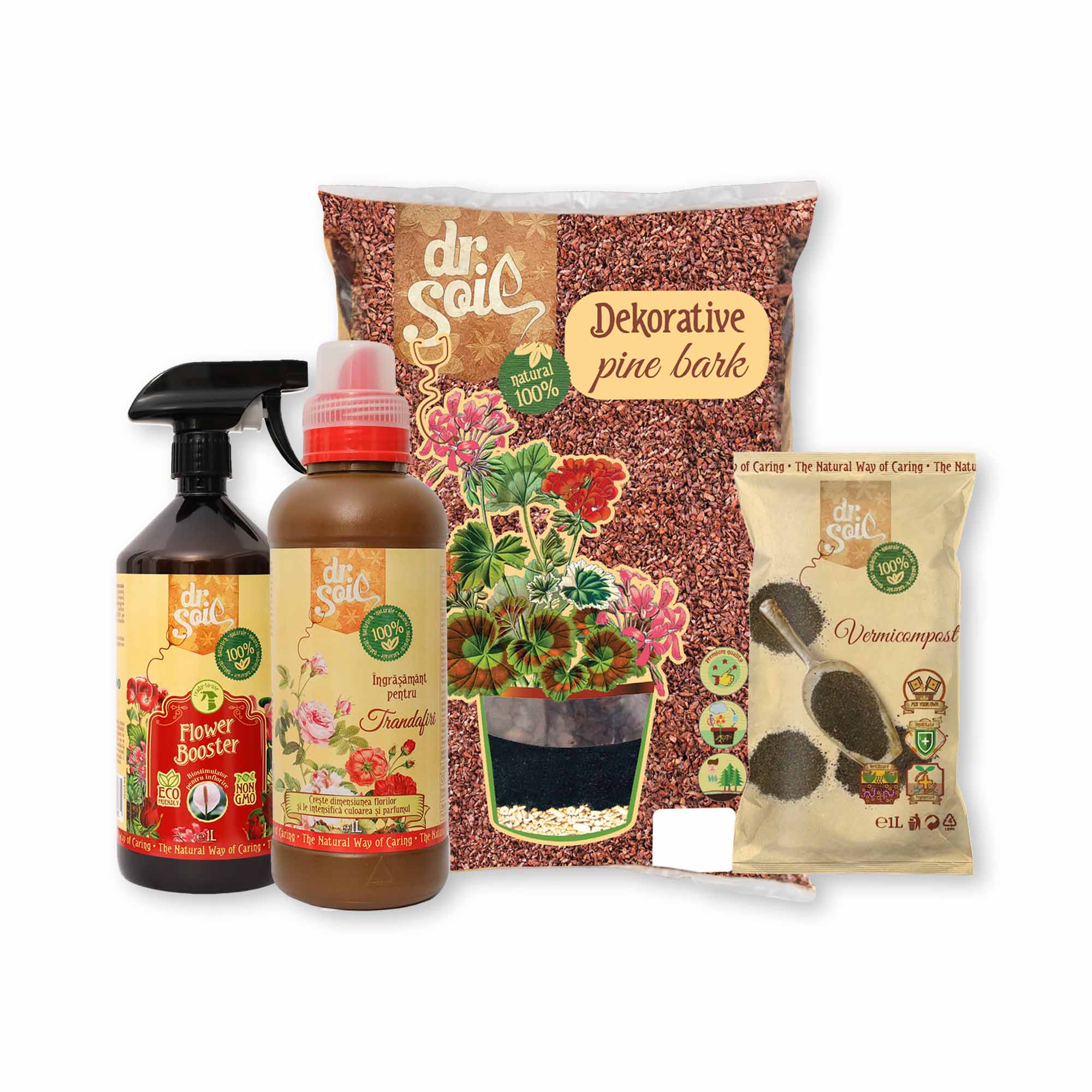 Pachet Dr.Soil pentru intretinerea trandafirilor de gradina sau de ghiveci cu vermicompost, ingrasamant organic pentru trandafiri, biostimulator spray pentru inflorire si scoarta de pin mediteranean