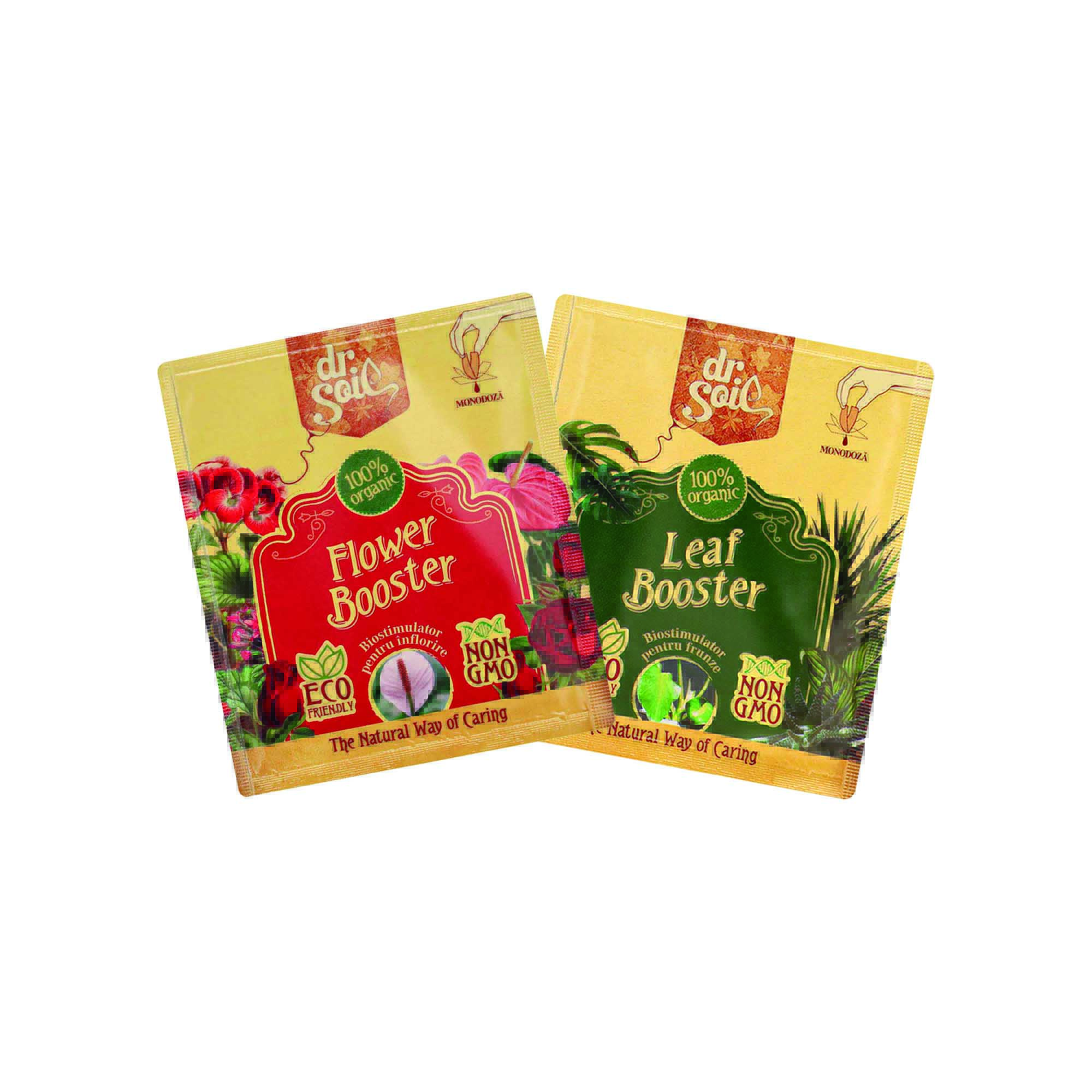 Pachet Dr.Soil pentru sanatatea plantelor cu flori cu monodoze concentrate de Leaf Booster 10ml (biostimulator pentru regenerarea frunzelor) si Flower Booster 10ml (biostimulator pentru inflorire)