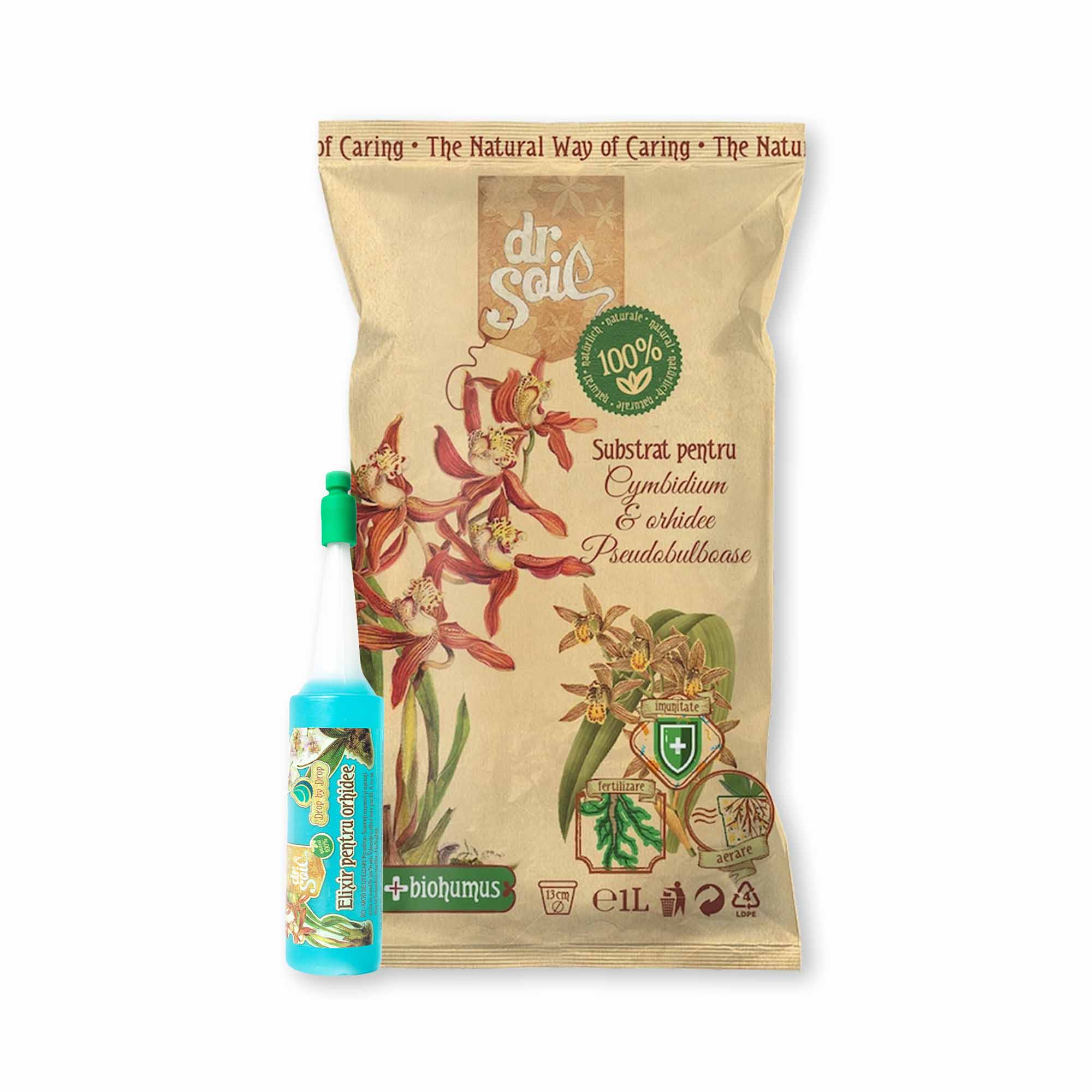 Pachet Dr.Soil pentru ingrijirea orhideelor Cymbidium si pseudobulboase cu substrat natural cu sphagnum pentru Cymbidium si supliment de udare pentru orhidee sub forma de fiola