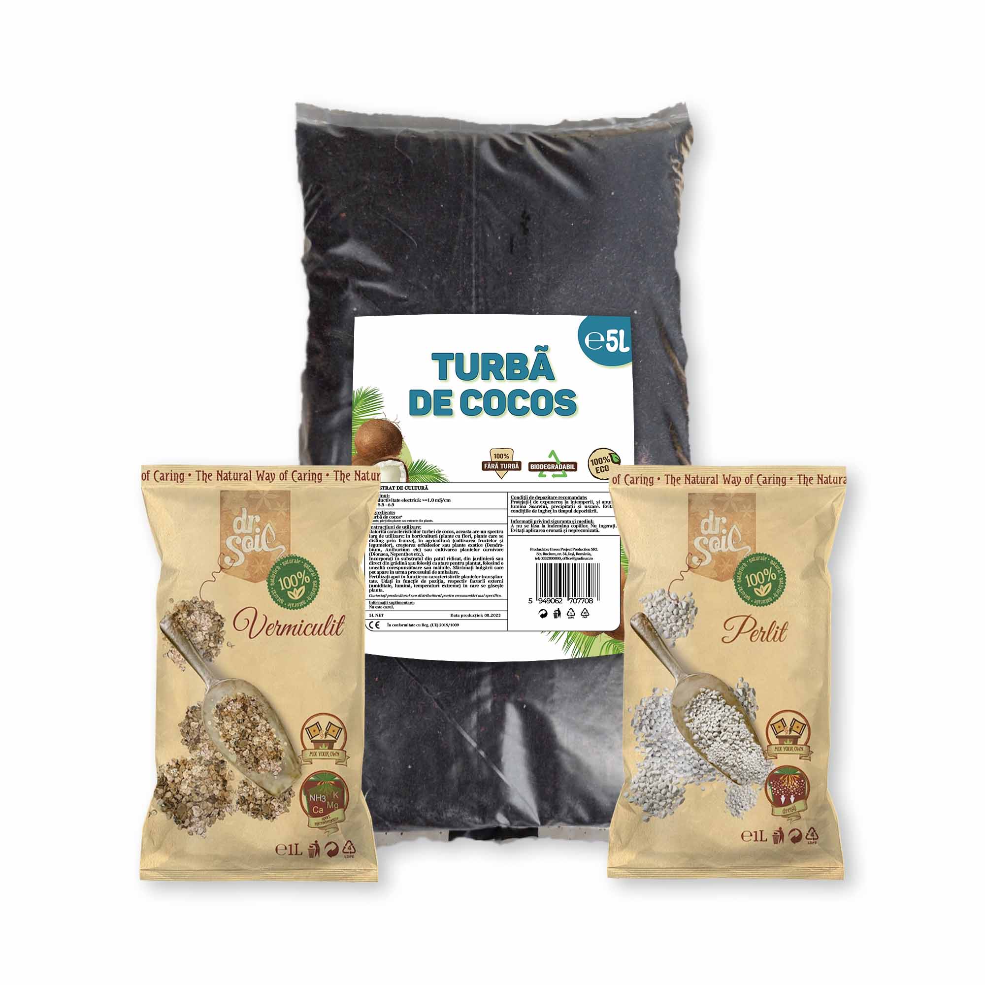 Pachet pentru revitalizarea solului plantelor de interior cu turba de cocos la punga de 5L, vermiculit si perlit