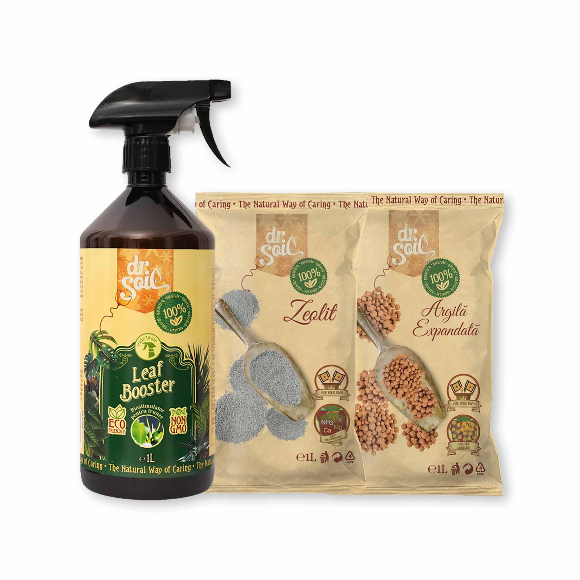 Pachet Dr.Soil pentru intretinerea plantelor verzi la ghiveci cu argila expandata pentru drenaj, zeolit pentru purificarea solului din ghiveci si biostimulator spray pentru regenerarea frunzelor