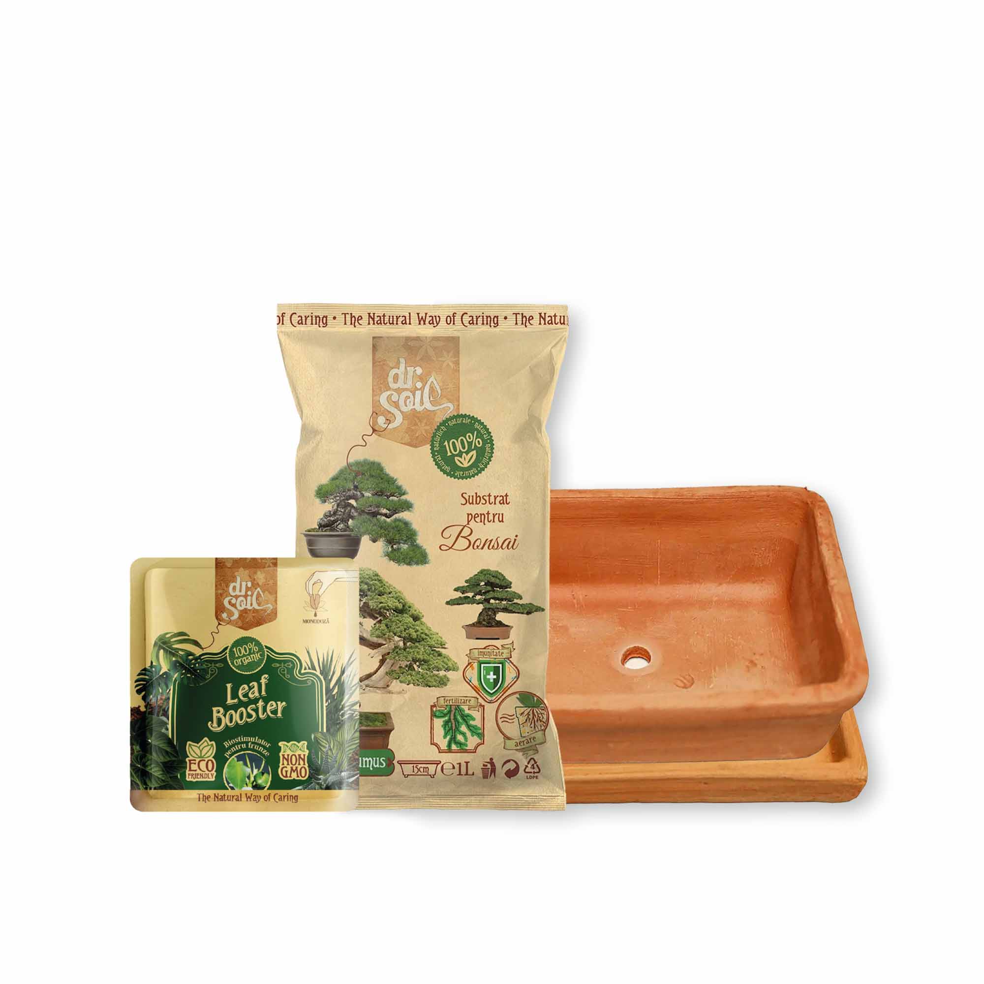 Pachet pentru ingrijirea bonsaiului cu substrat natural pentru bonsai, monodoza biostimulator pentru regenerarea frunzelor si vas dreptunghiular din teracota cu farfurie (20cm)