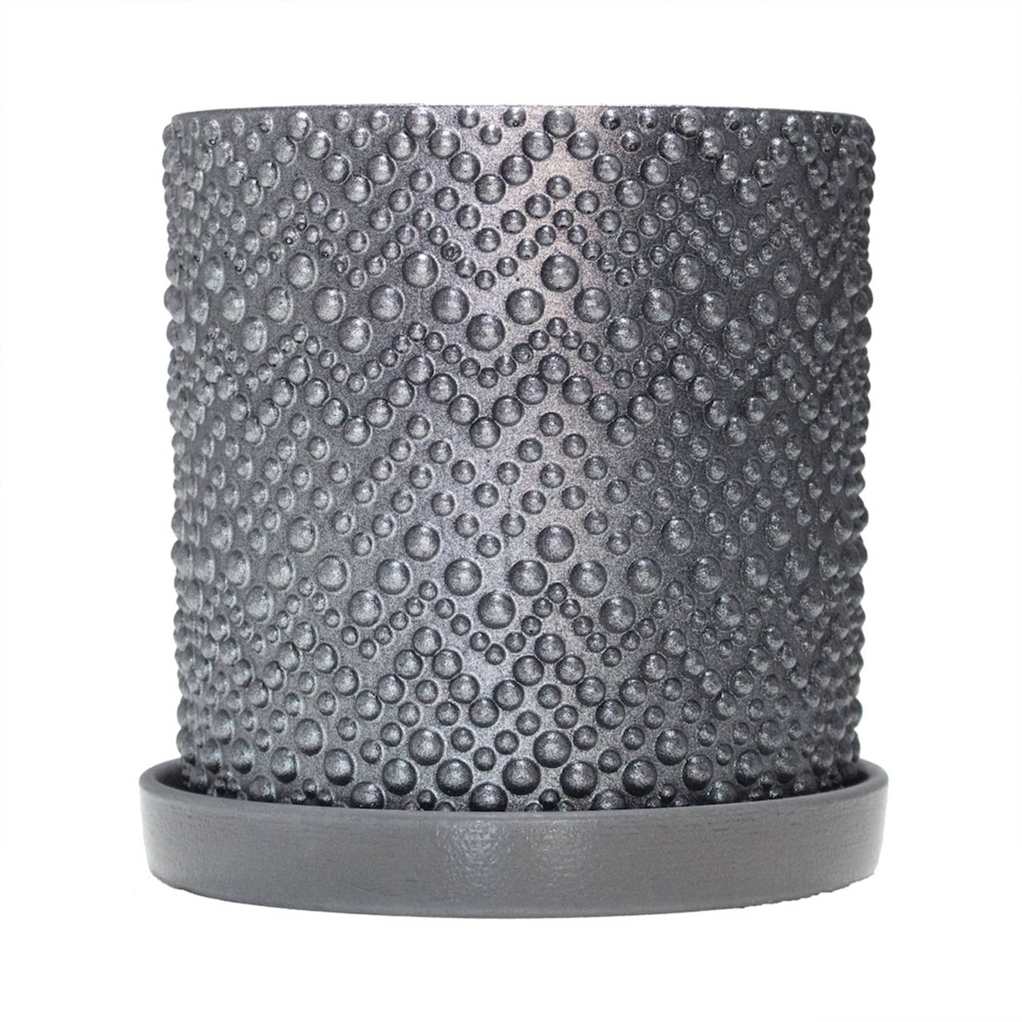 Ghiveci ceramic cu farfurioara, model Beads Dark Gray