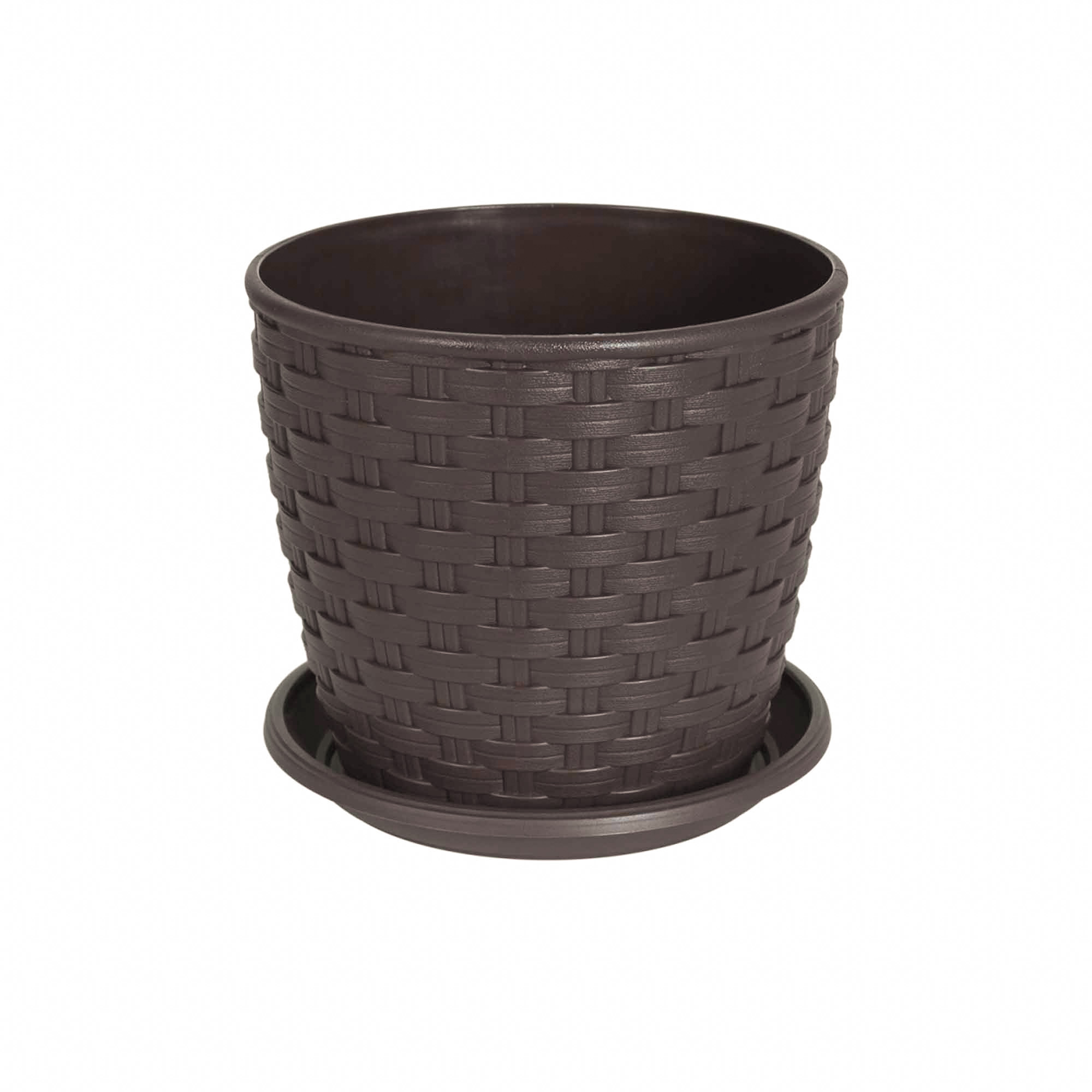Ghiveci model Rattan cu farfurie 16 cm, nuanță Maro