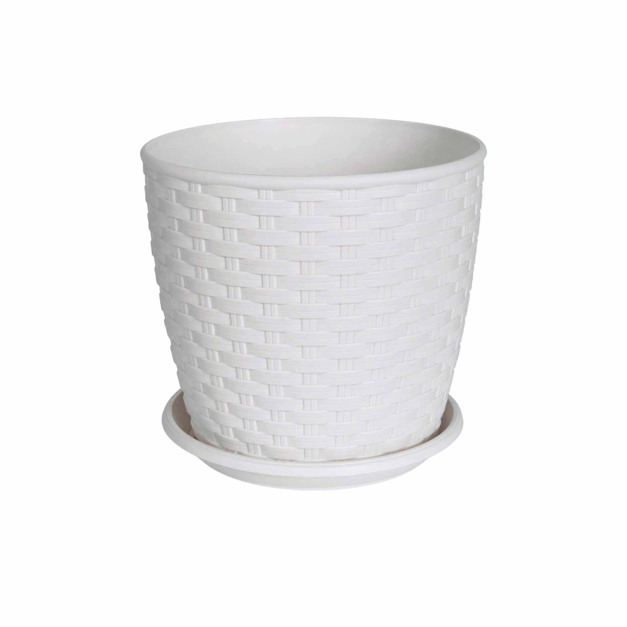 Ghiveci model Rattan cu farfurie 16 cm, nuanță alb