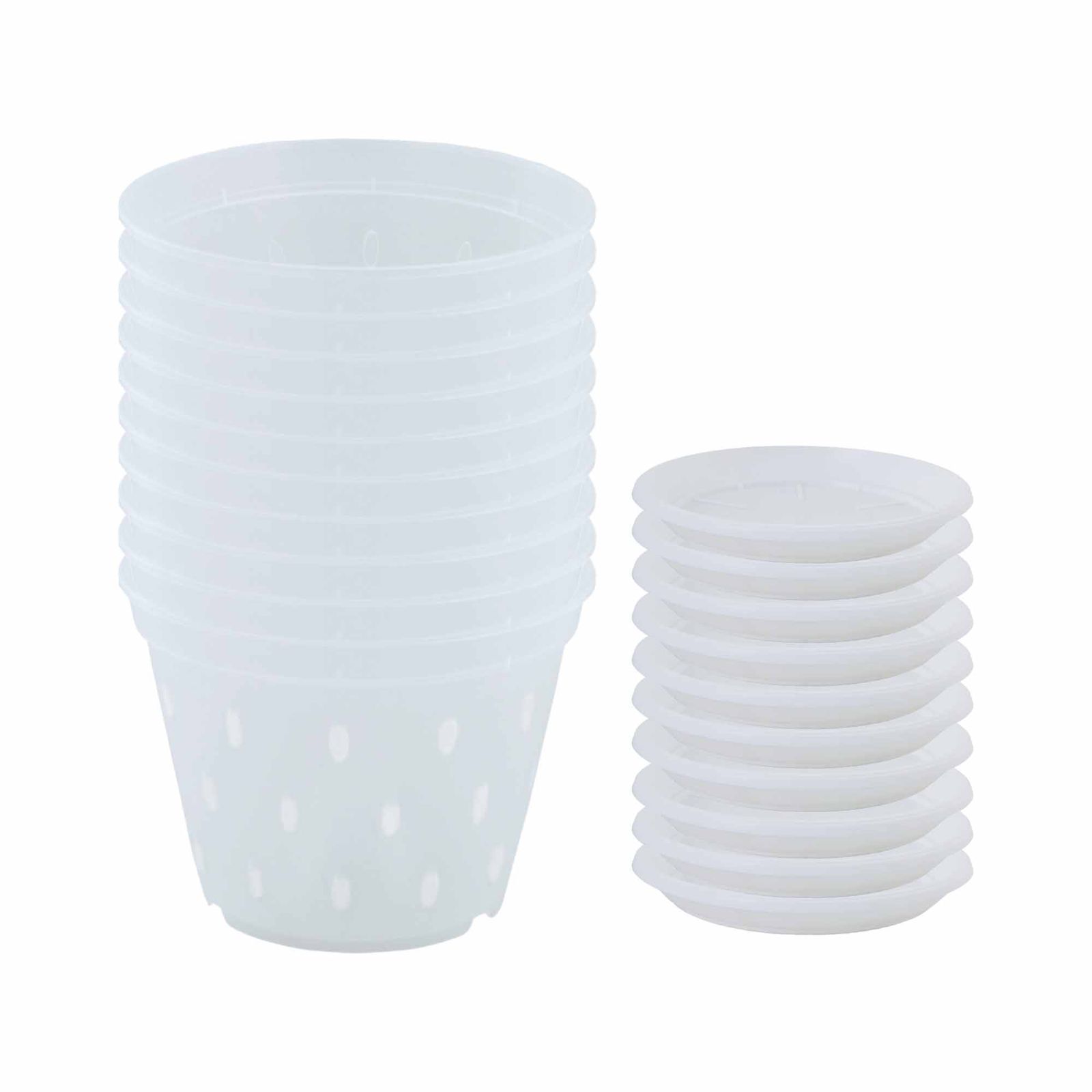 Set 10 Ghivece cu gauri pentru Orhidee 14 cm cu farfurii, transparente