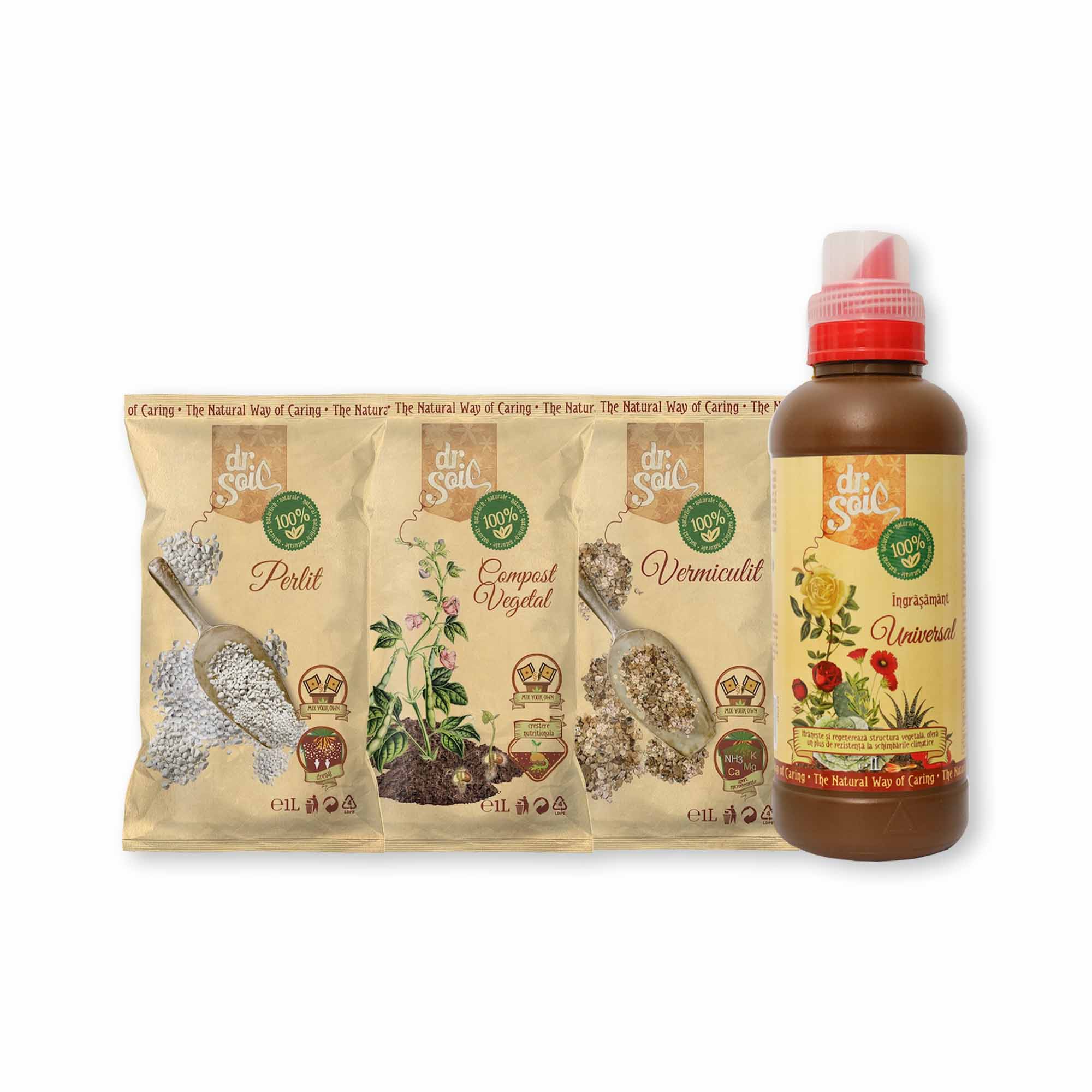 Pachet Dr.Soil pentru revitalizarea plantelor de interior cu perlit horticol, vermiculit, compost vegetal si ingrasamant organic universal
