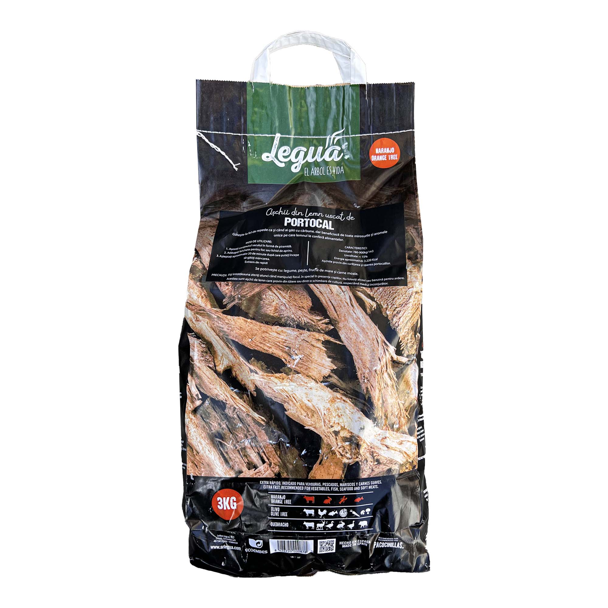 Aschii aromatizate din lemn uscat de Portocal Legua, la sac de 3 kg, pentru afumarea de carnuri moi, peste sau fructe de mare la gratar