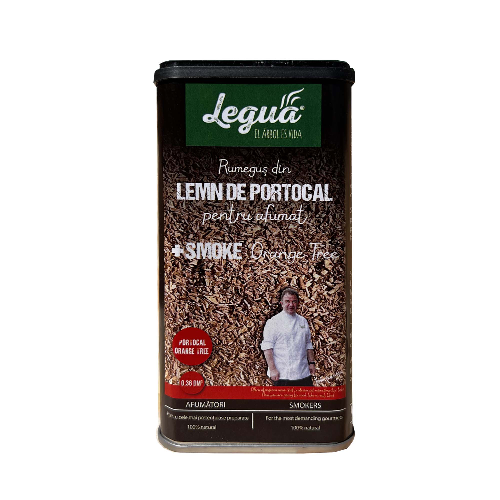 Rumegus din Portocal pentru afumat Legua +SMOKE -, la recipient de 360 ml, pentru aromatizarea prin afumare a carnurilor albe si a legumelor