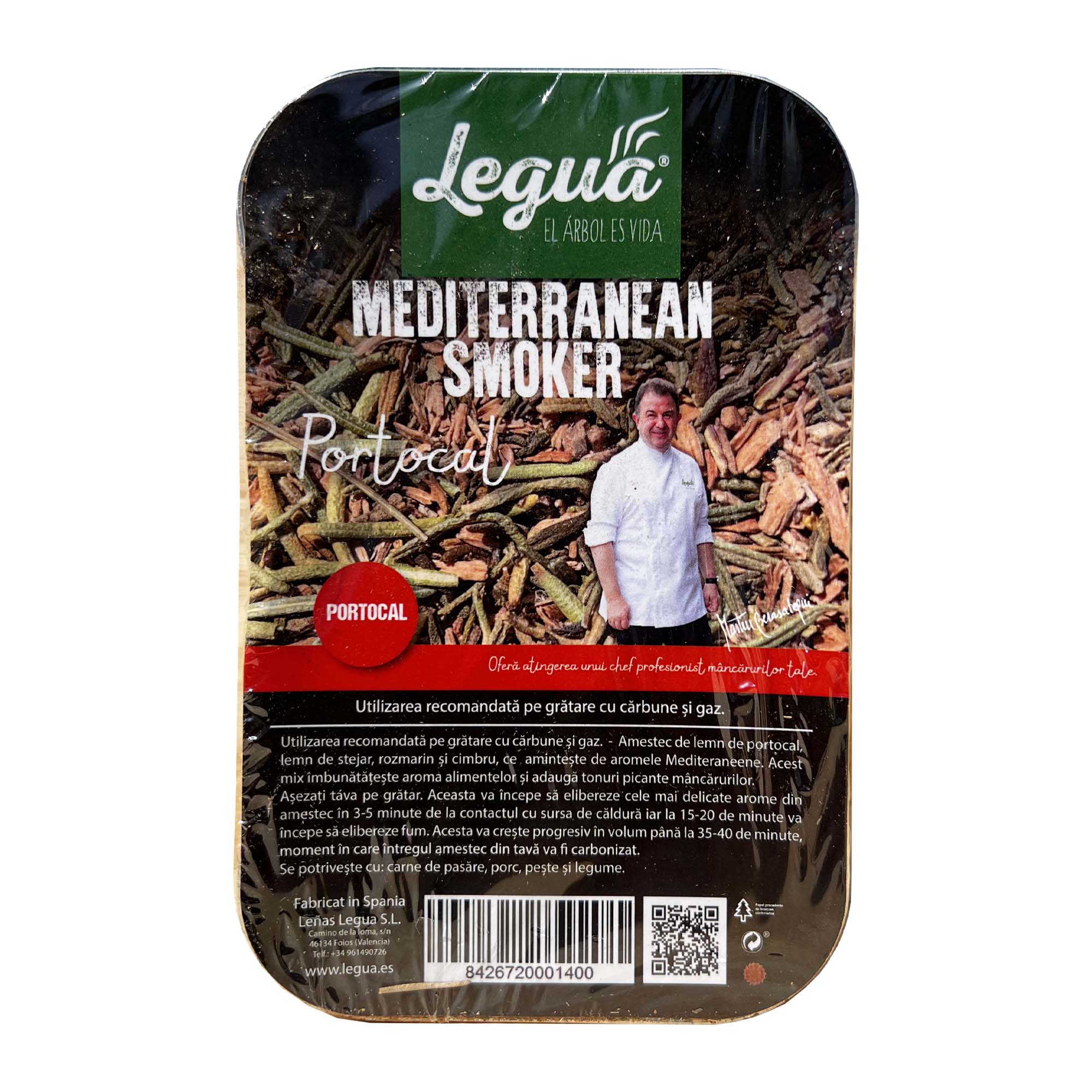 Afumatoare pentru gratar Naranja Legua, din lemn de portocal, in tavita de aluminiu de 500 ml, pentru afumarea preparatelor din carne de pasare, porc, peste si legume