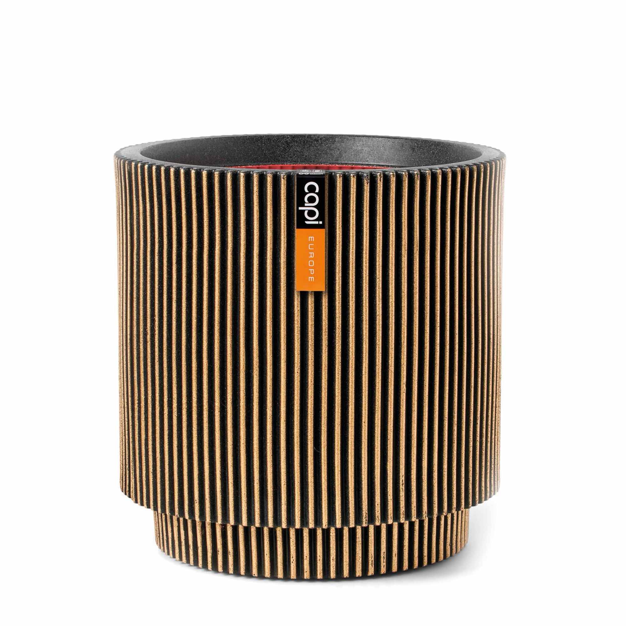 Masca de ghiveci premium cilindrica Groove NL, din material compozit, dimensiuni 36x38cm, culoarea black-gold