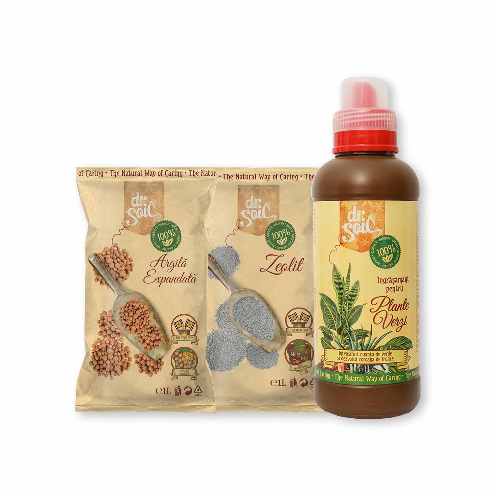 Pachet Dr.Soil pentru ingrijirea plantelor verzi la ghiveci, cu argila expandata pentru drenaj, zeolit pentru purificarea solului din ghiveci si ingrasamant organic pentru plante verzi