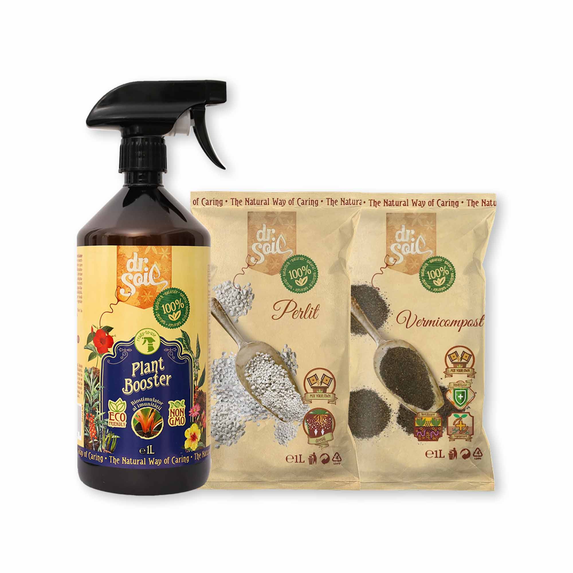 Pachet Dr.Soil pentru stimularea inradacinarii rasadurilor, butasilor sau arbustilor fructiferi si ornamentali cu vermicompost, perlit si biostimulator spray pentru inradacinare