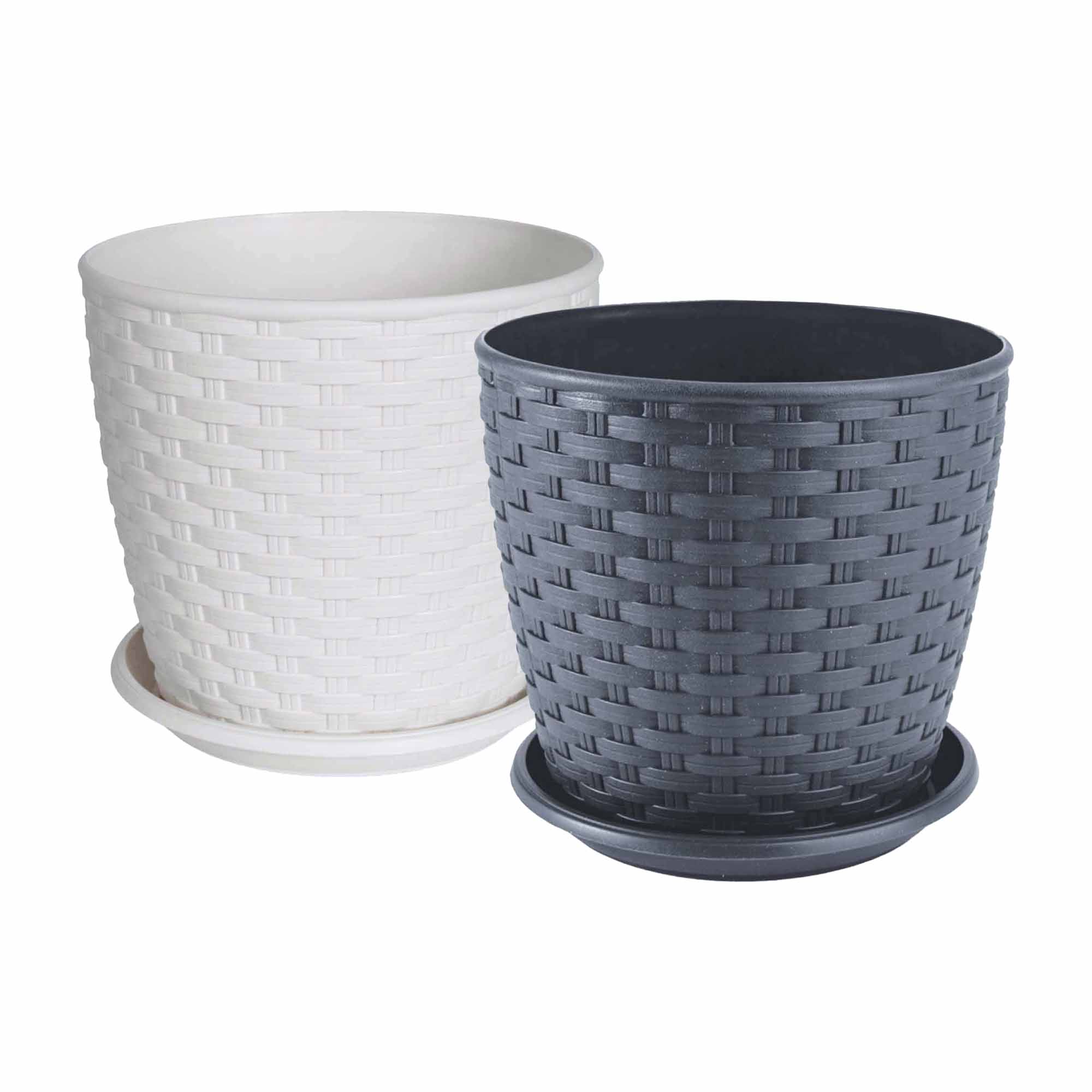 Set 2 Ghivece model Rattan cu farfurie 16 cm, culori Granit/ Alb/Rose