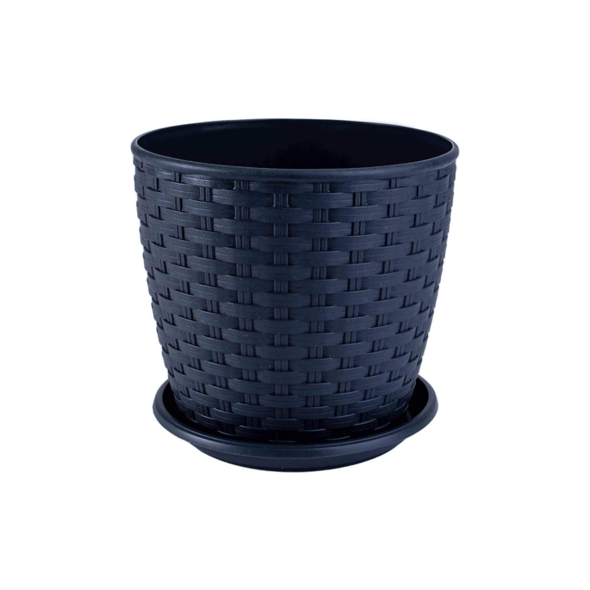Ghiveci model Rattan cu farfurie 16 cm, nuanță Granit