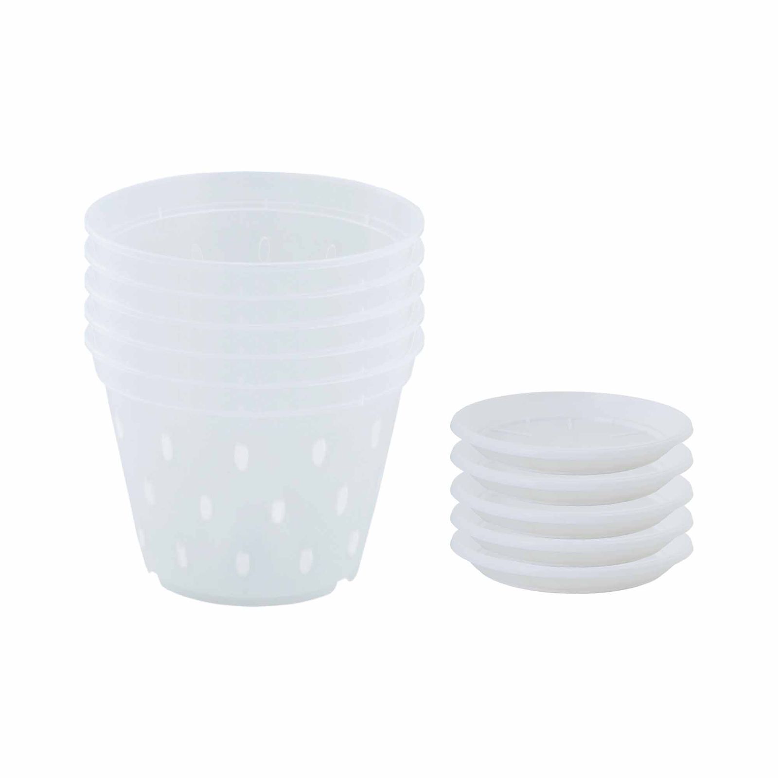 Set 5 Ghivece cu gauri pentru Orhidee 14 cm cu farfurii, transparente