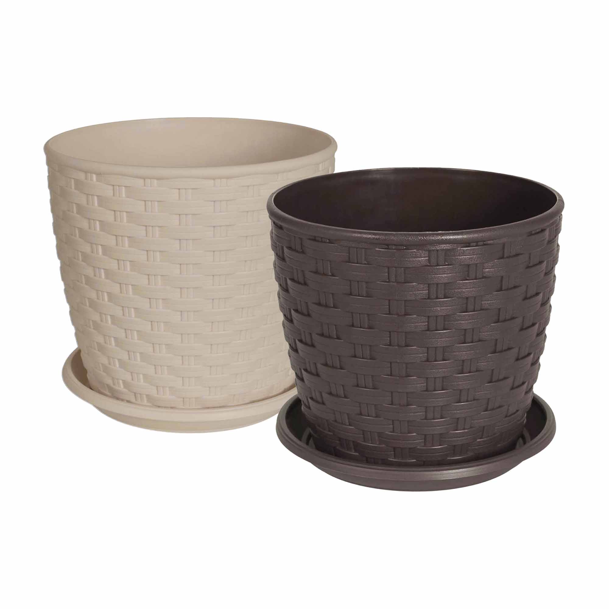 Set 2 Ghivece model Rattan cu farfurie 16 cm, culori Cocoa / Maro