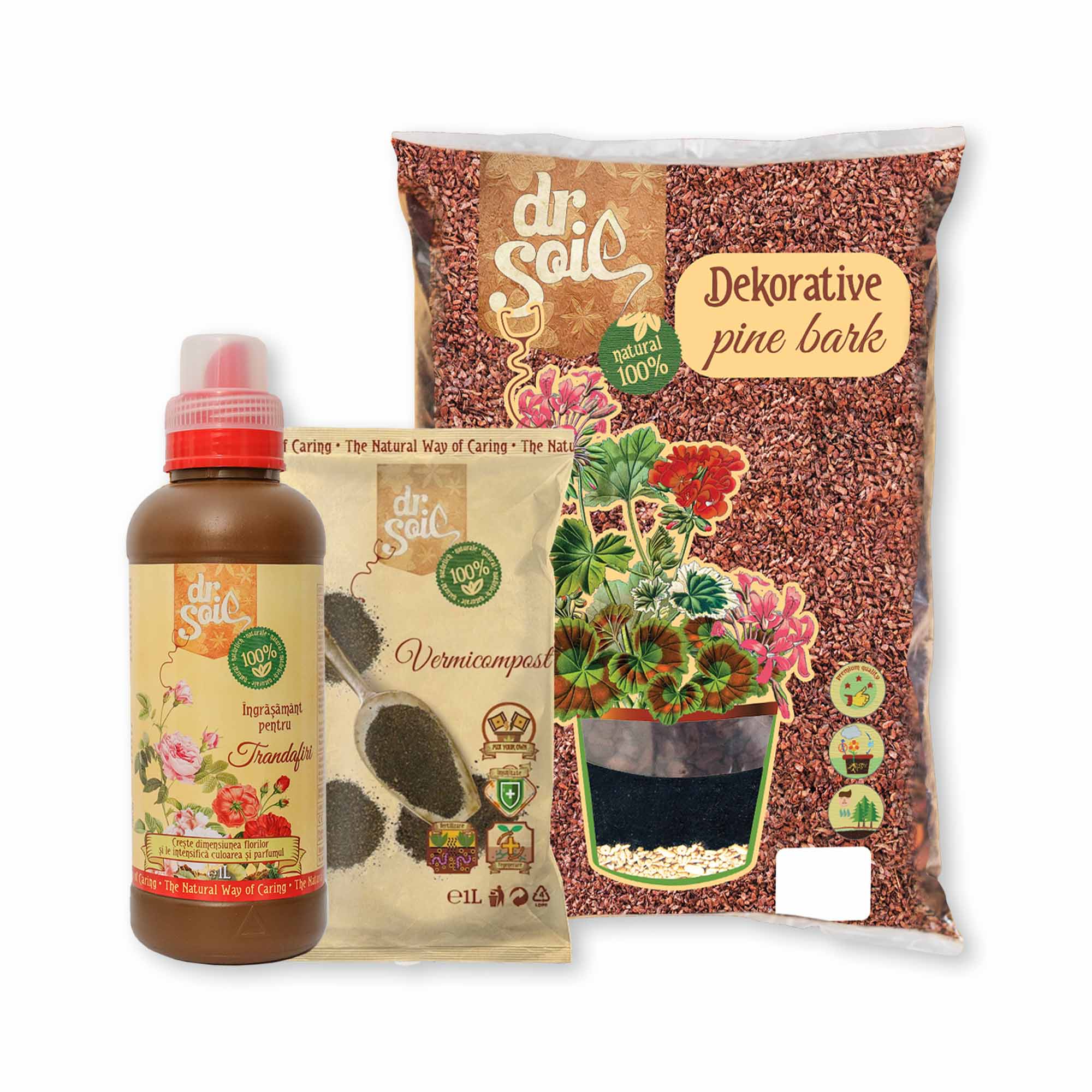 Pachet Dr.Soil pentru ingrijirea trandafirilor de gradina sau de ghiveci cu vermicompost, ingrasamant organic pentru trandafiri si scoarta de pin mediteranean