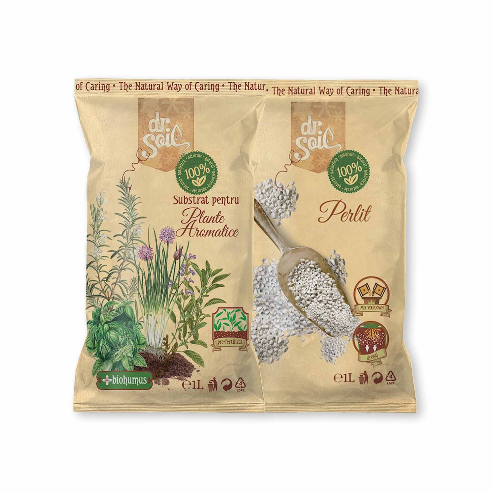 Pachet Dr.Soil pentru intretinerea plantelor aromatice cu substrat natural pentru plante aromatice si biostimulator spray pentru regenerarea frunzelor