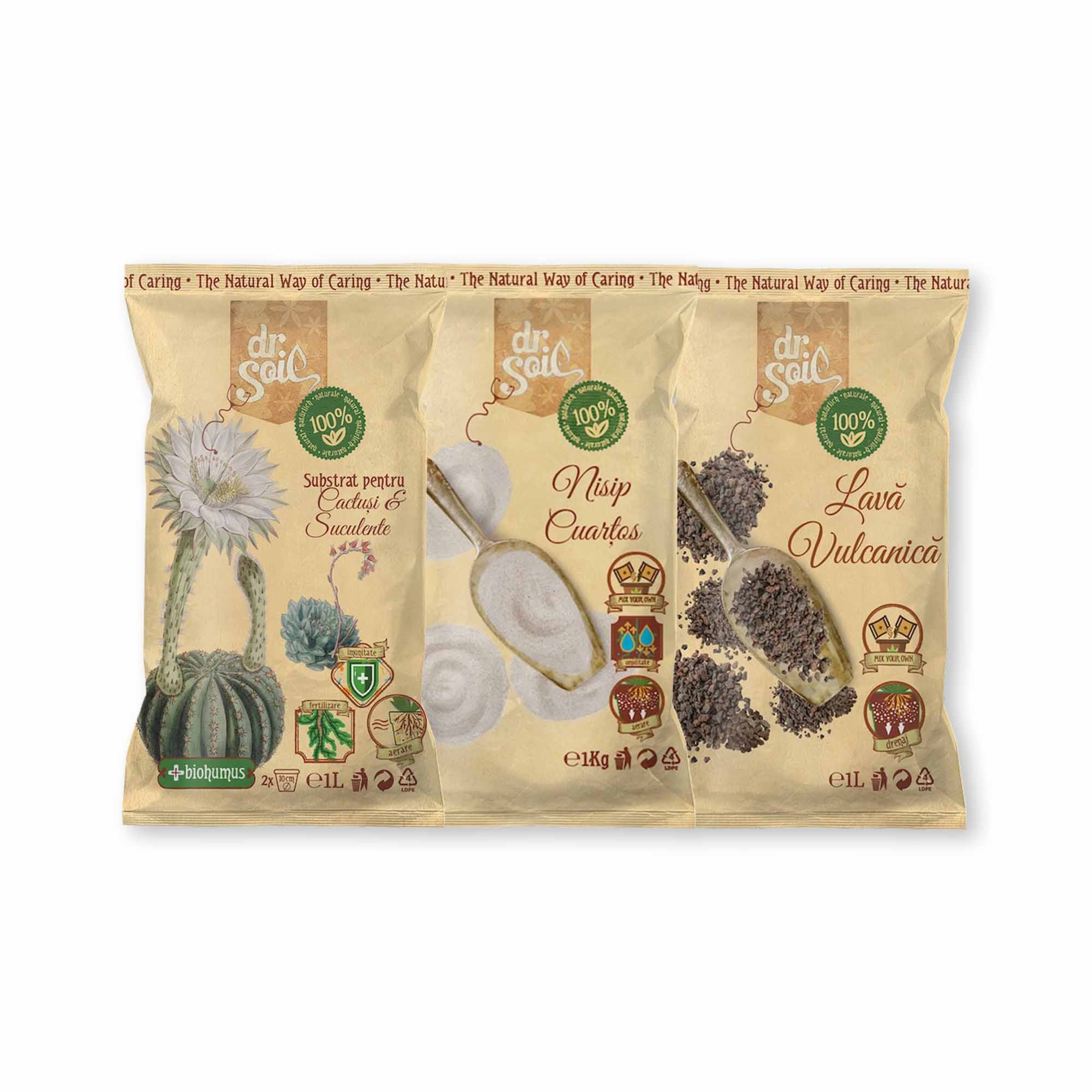 Pachet Dr.Soil pentru intretinerea cactusilor si plantelor suculente cu lava vulcanica, nisip cuartos si substrat natural pentru cactusi si suculente