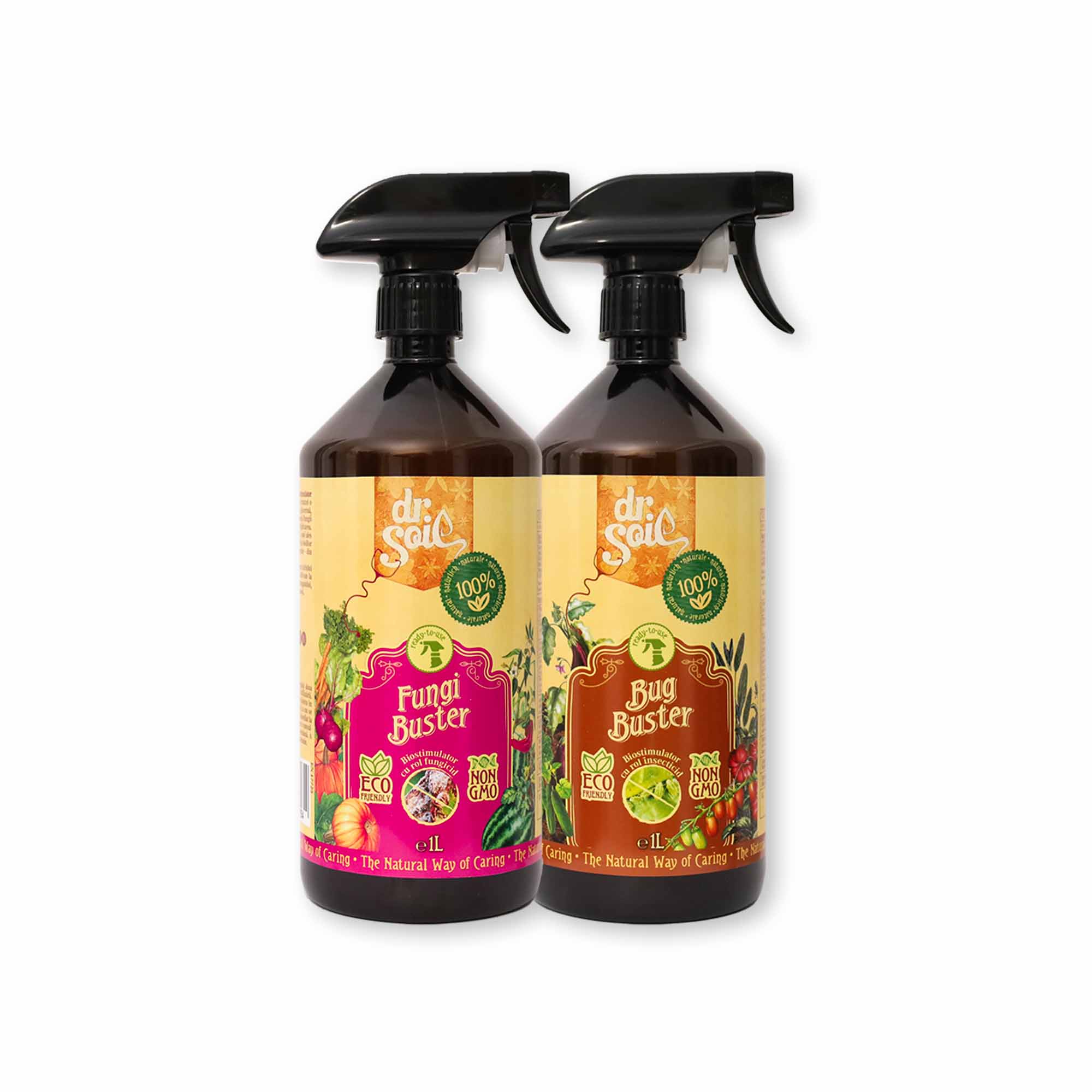 Pachet Dr.Soil pentru protectia naturala a plantelor cu Fungi Buster (fungicid natural spray) si Bug Buster (insecticid natural spray) in bidoane cu sprayer, gata de utilizare