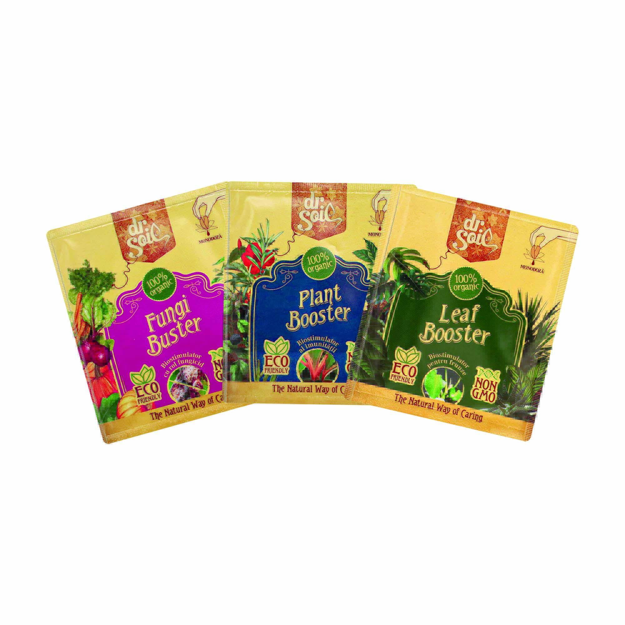 Pachet Dr.Soil pentru refacerea aspectului plantelor verzi infestate cu daunatori cu fungicid organic Fungi Buster 10ml, insecticid organic Bug Buster 10ml si biostimulator pentru intarirea imunitatii Plant Booster 10ml