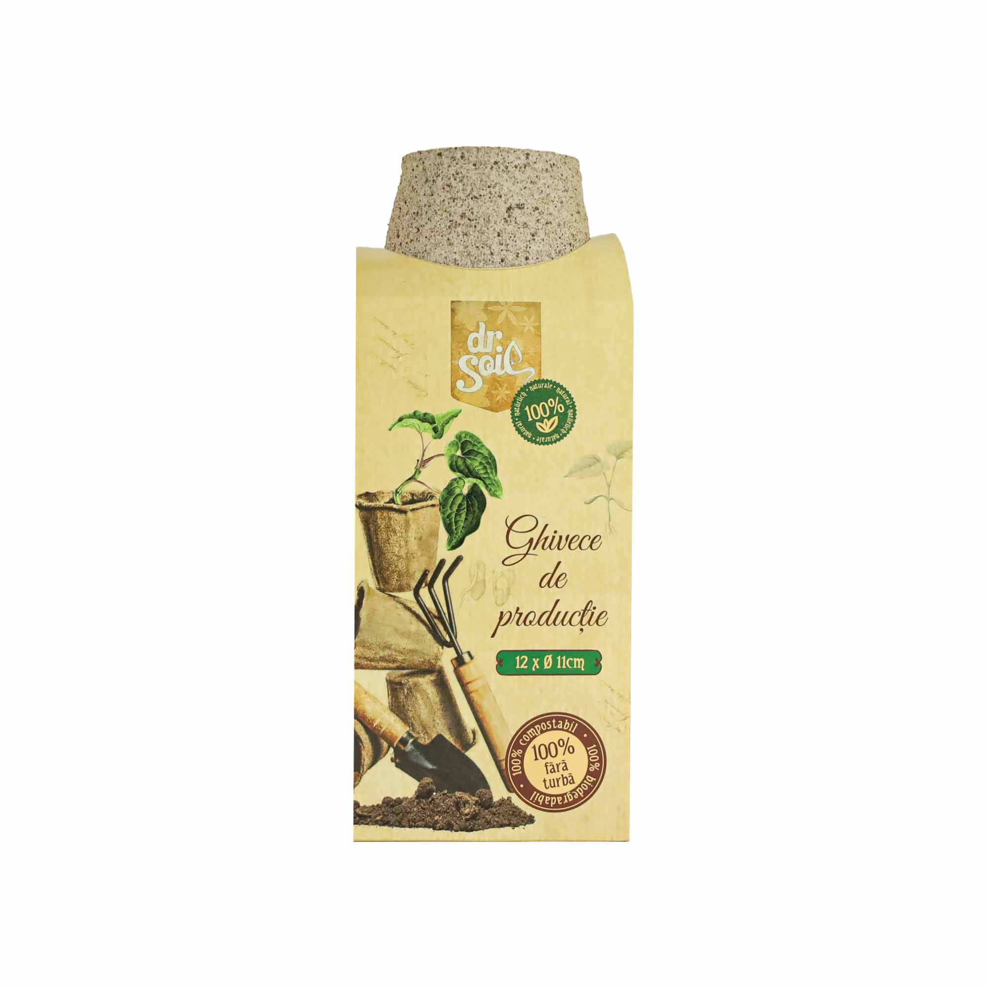 Set 12 ghivece biodegradabile rotunde pentru germinare si sadire Dr.Soil, cu diametrul de 11 cm
